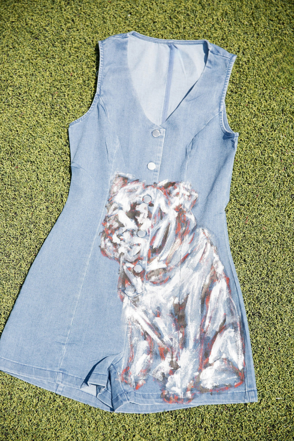 BULLDOG BELLE HAND PAINTED DENIM ROMPER ROMPER Judith March