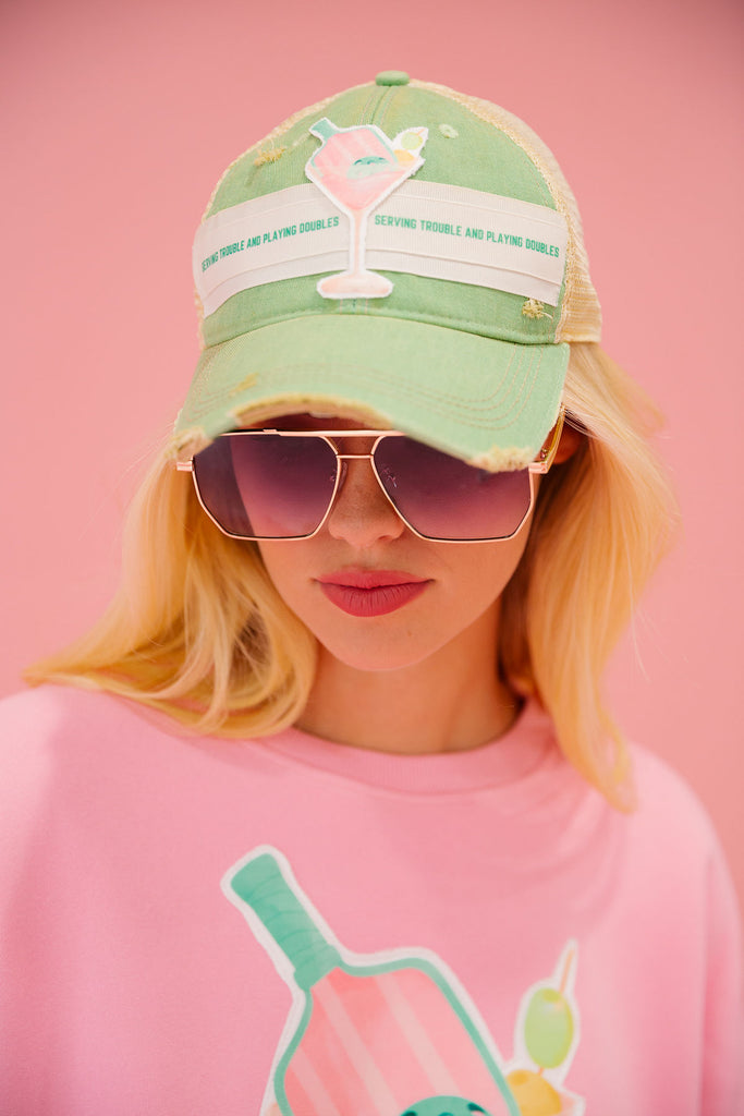 SERVING TROUBLE GREEN DISTRESSED HAT HAT Judith March   