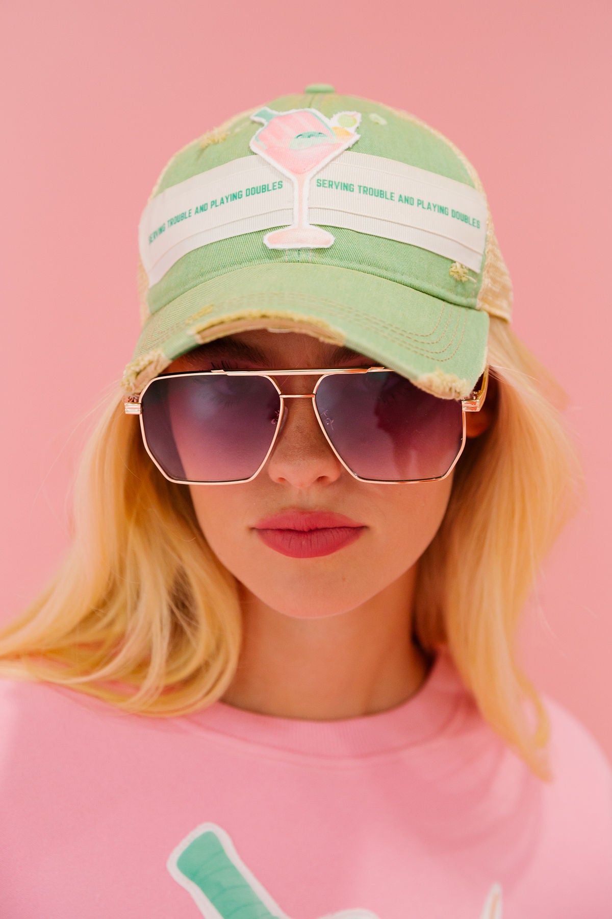 SERVING TROUBLE GREEN DISTRESSED HAT HAT Judith March   
