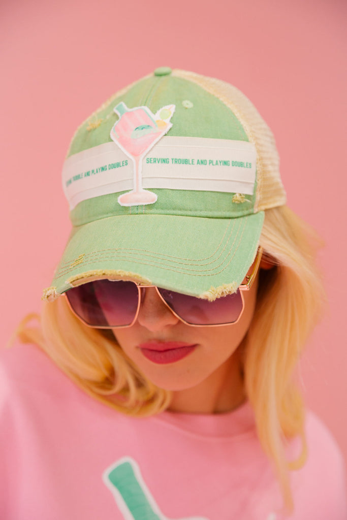 SERVING TROUBLE GREEN DISTRESSED HAT HAT Judith March   