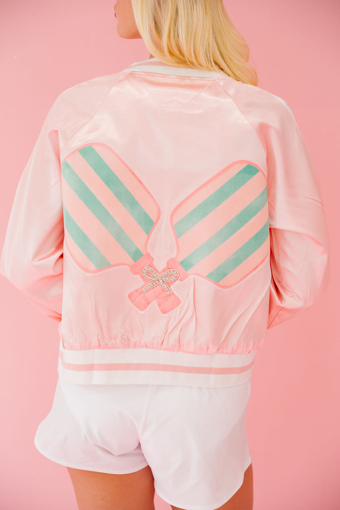 PICKLEBALL PADDLES PINK SATIN JACKET JACKET Judith March