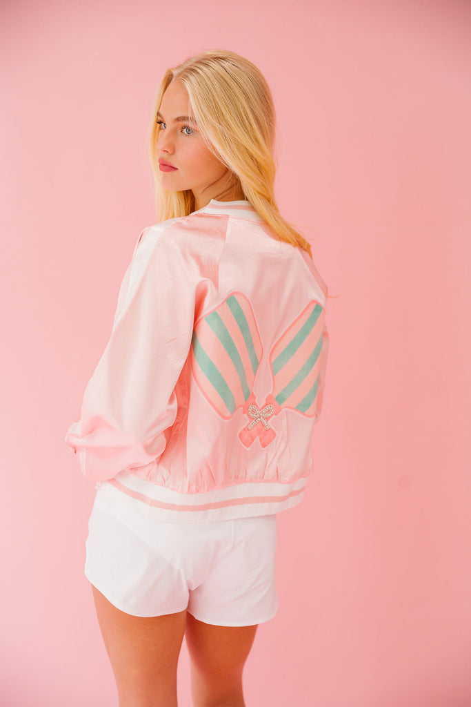 PICKLEBALL PADDLES PINK SATIN JACKET JACKET Judith March