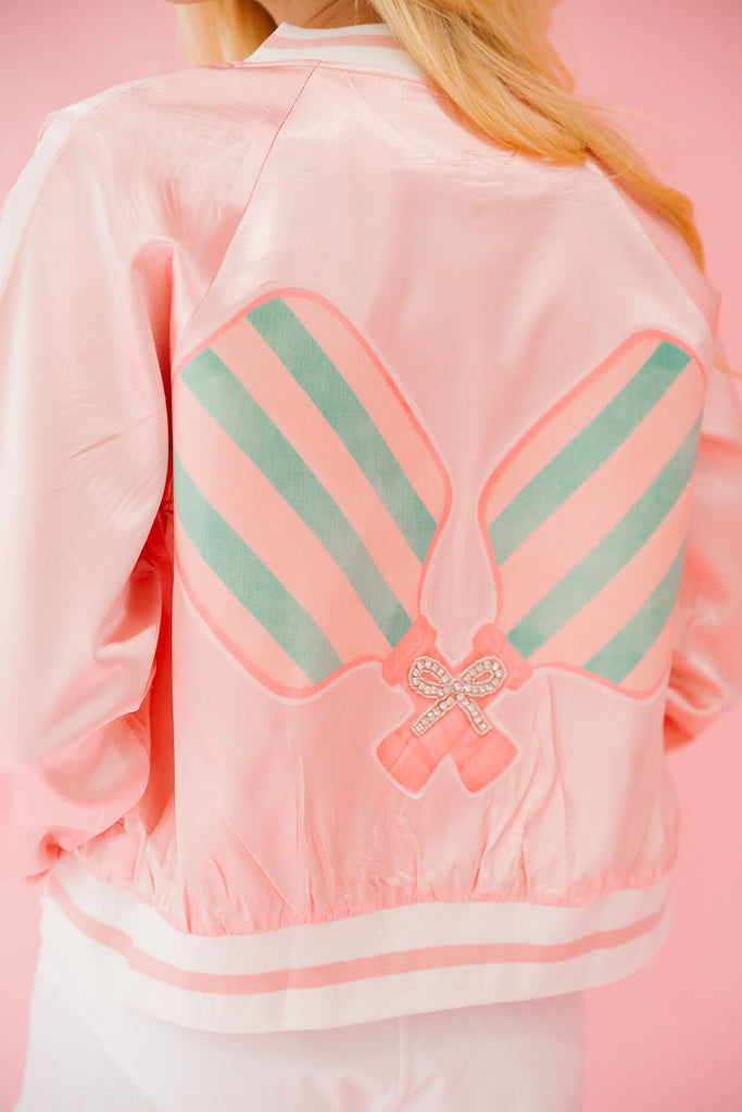 PICKLEBALL PADDLES PINK SATIN JACKET JACKET Judith March