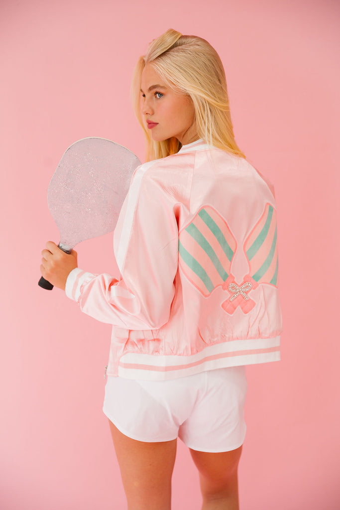 PICKLEBALL PADDLES PINK SATIN JACKET JACKET Judith March