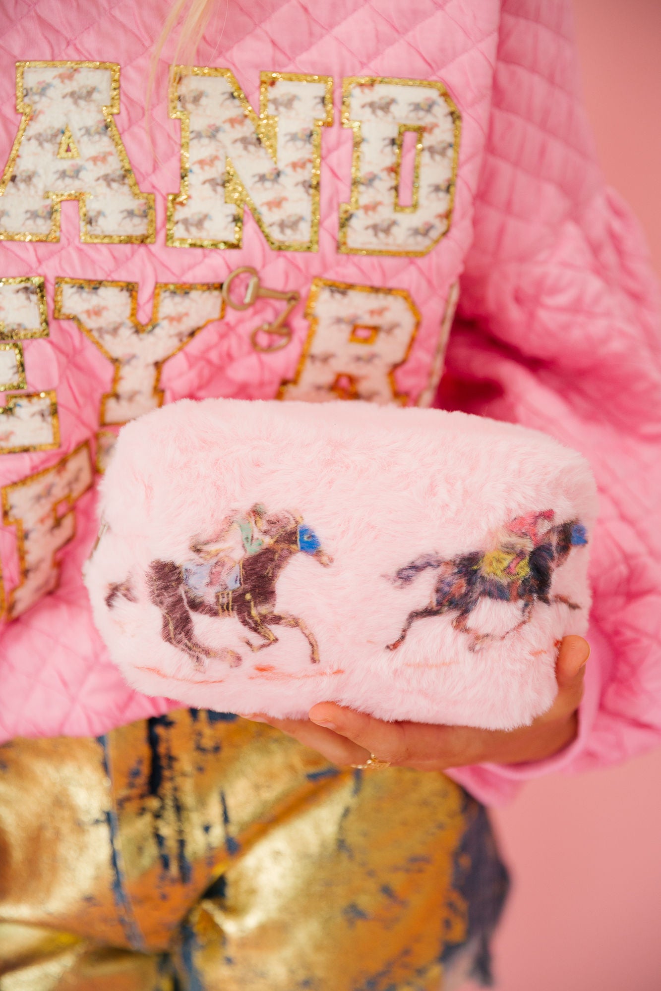 RACING SEASON PINK FUZZY BAG Cosmetic & Toiletry Bags Judith March