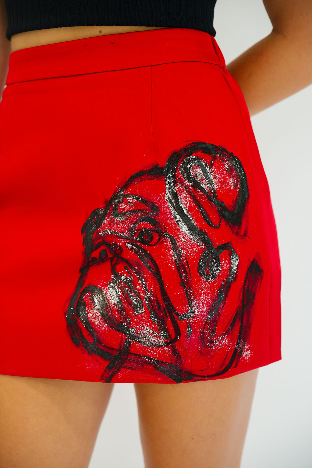BULLDOG HAND PAINTED RED SKIRT SKIRT Judith March