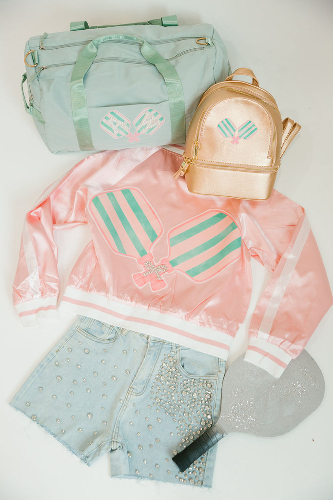PICKLEBALL PADDLES PINK SATIN JACKET JACKET Judith March