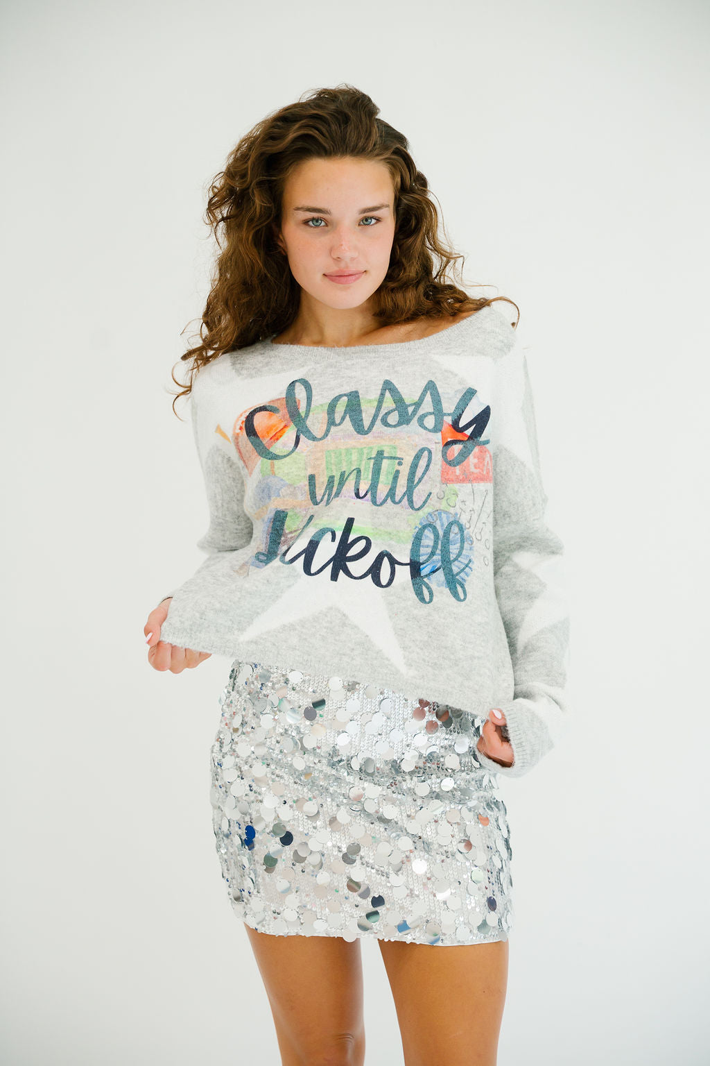 CLASSY UNTIL KICKOFF GREY STAR SWEATER SWEATER Judith March