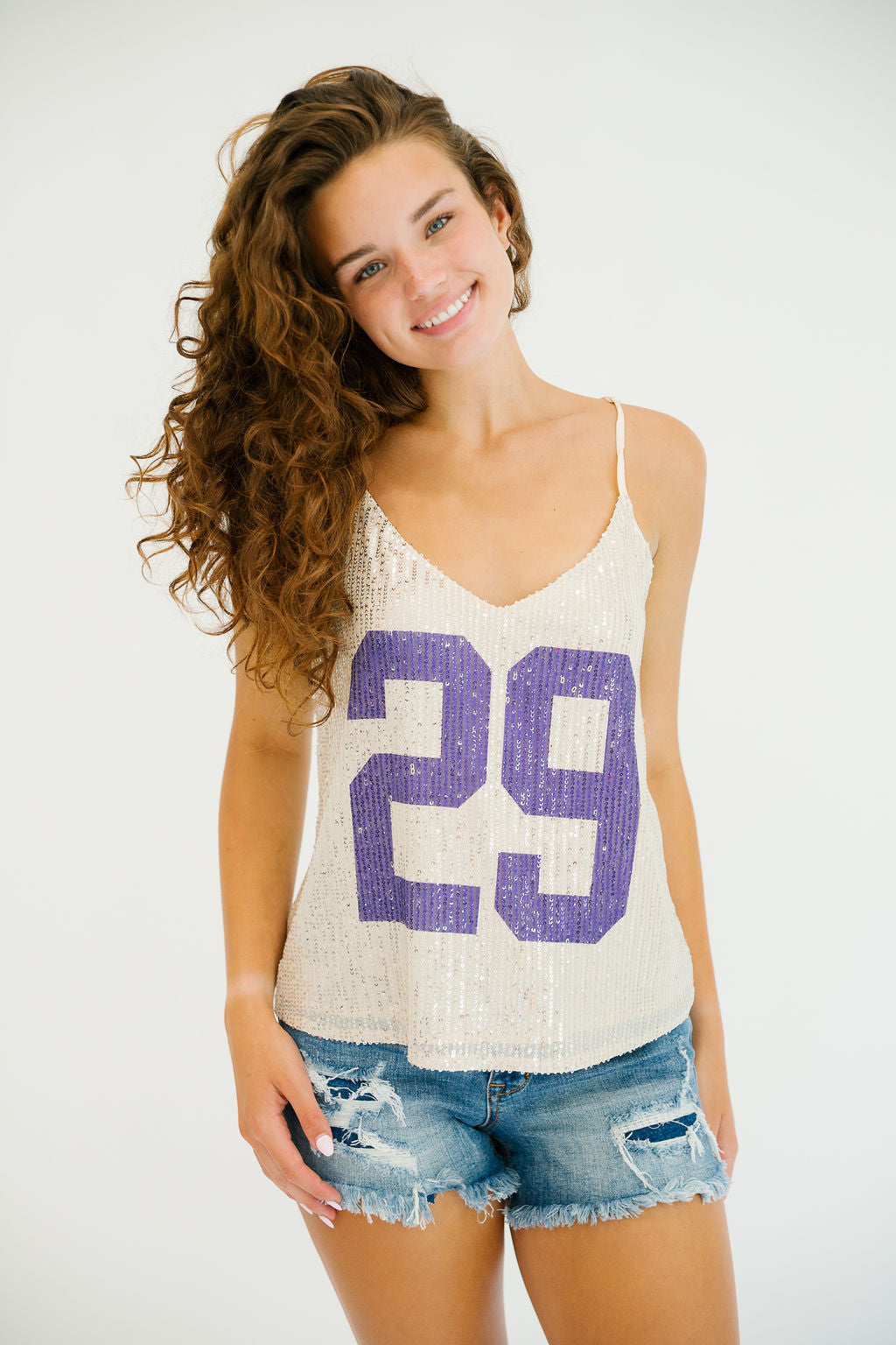 CUSTOM NUMBER GOLD SEQUIN THIN STRAP TANK TANK Judith March