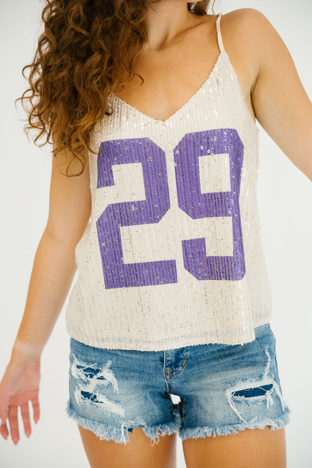 CUSTOM NUMBER GOLD SEQUIN THIN STRAP TANK TANK Judith March