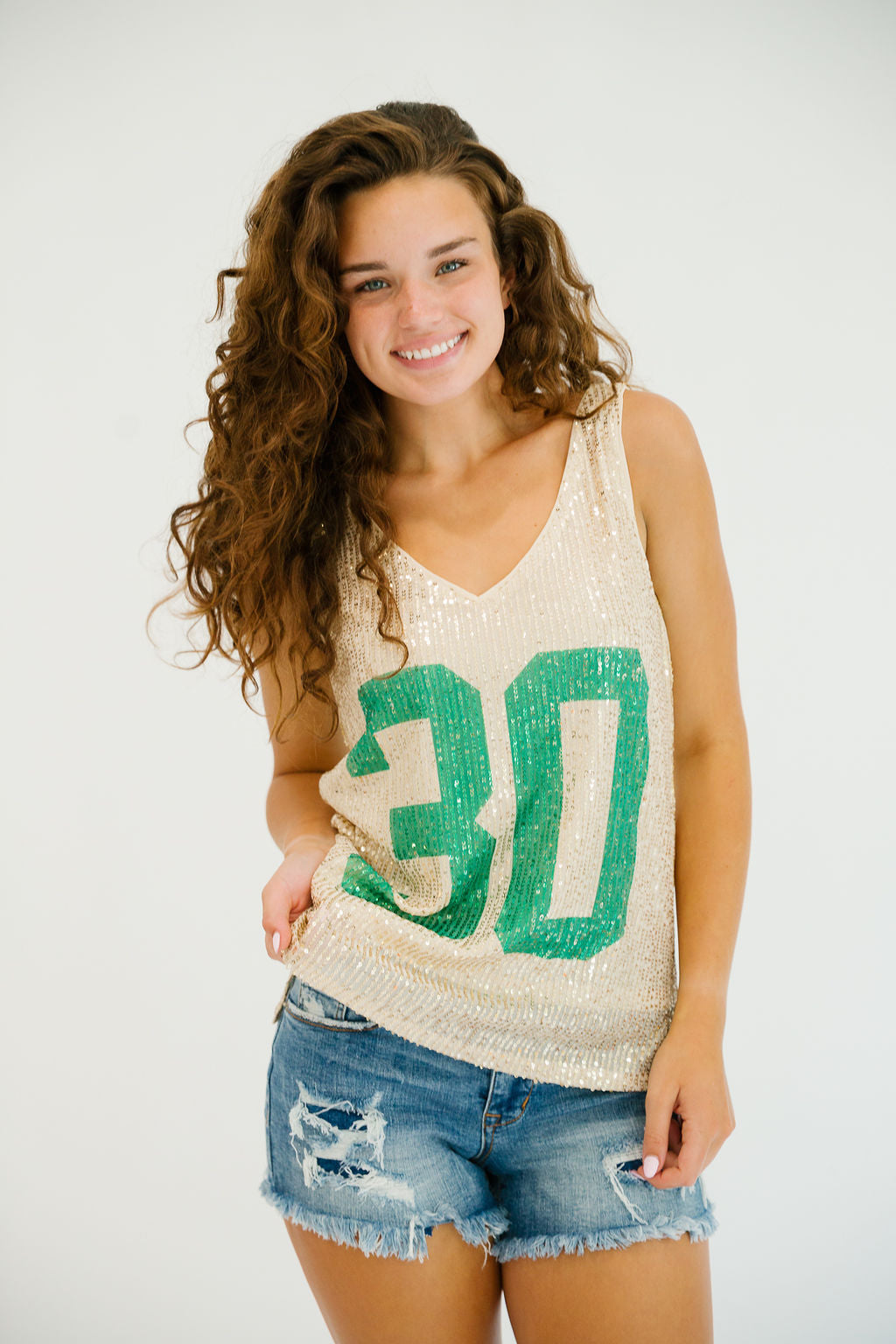 CUSTOM NUMBER GOLD SEQUIN THICK STRAP TANK TANK Judith March