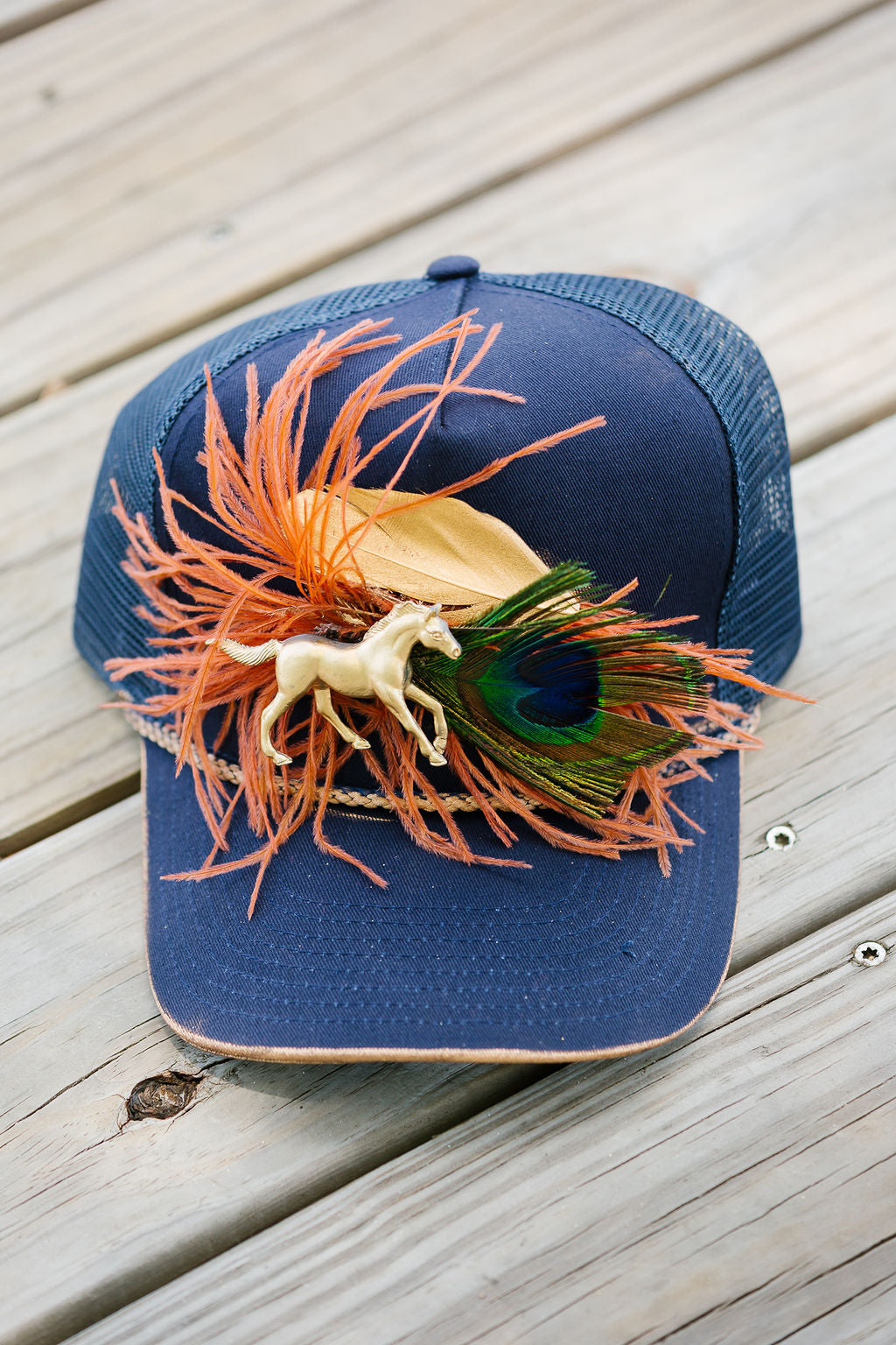 GOLDEN HORSE NAVY STRUCTURED HAT TRUCKER HAT Judith March