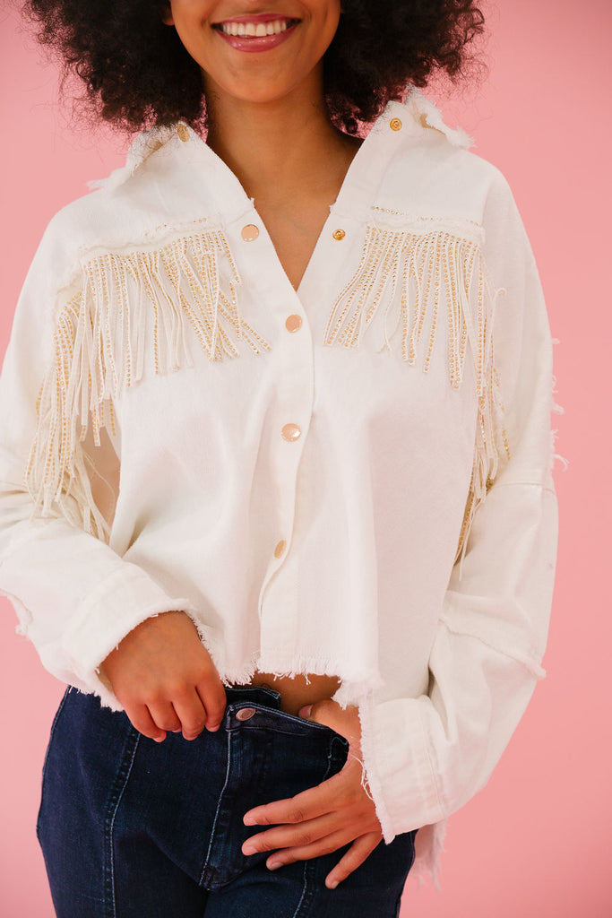 FLAG FRINGE WHITE DENIM JACKET JACKET Judith March   