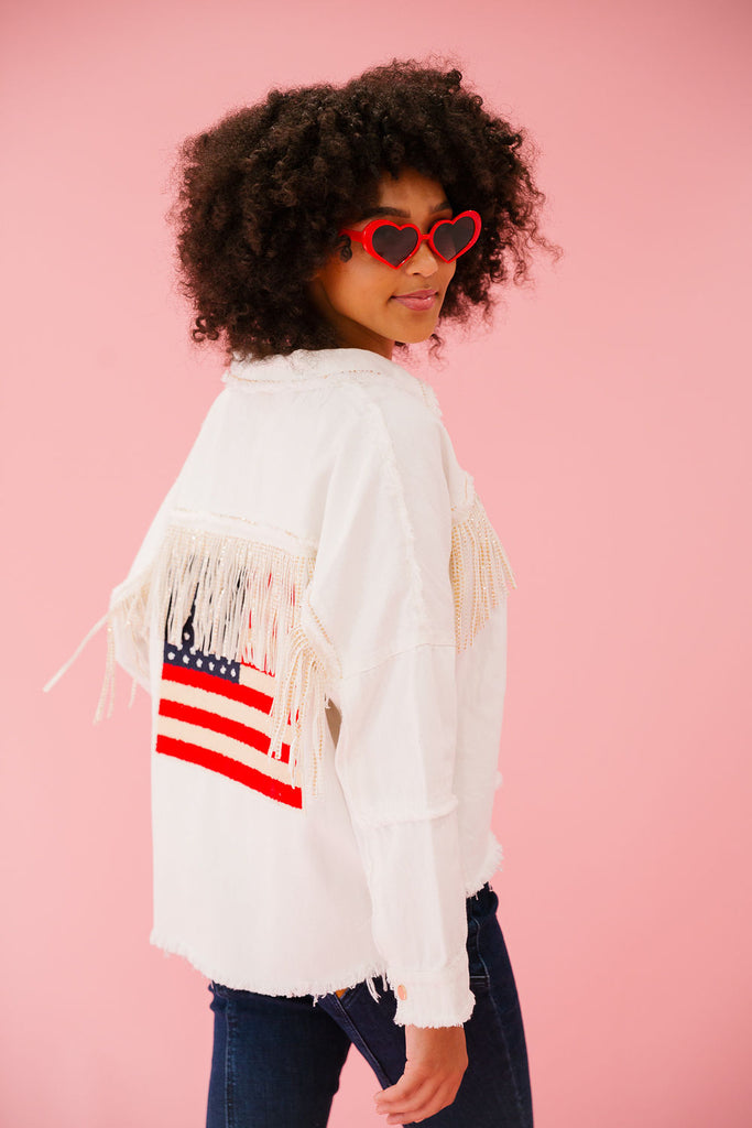 FLAG FRINGE WHITE DENIM JACKET JACKET Judith March   