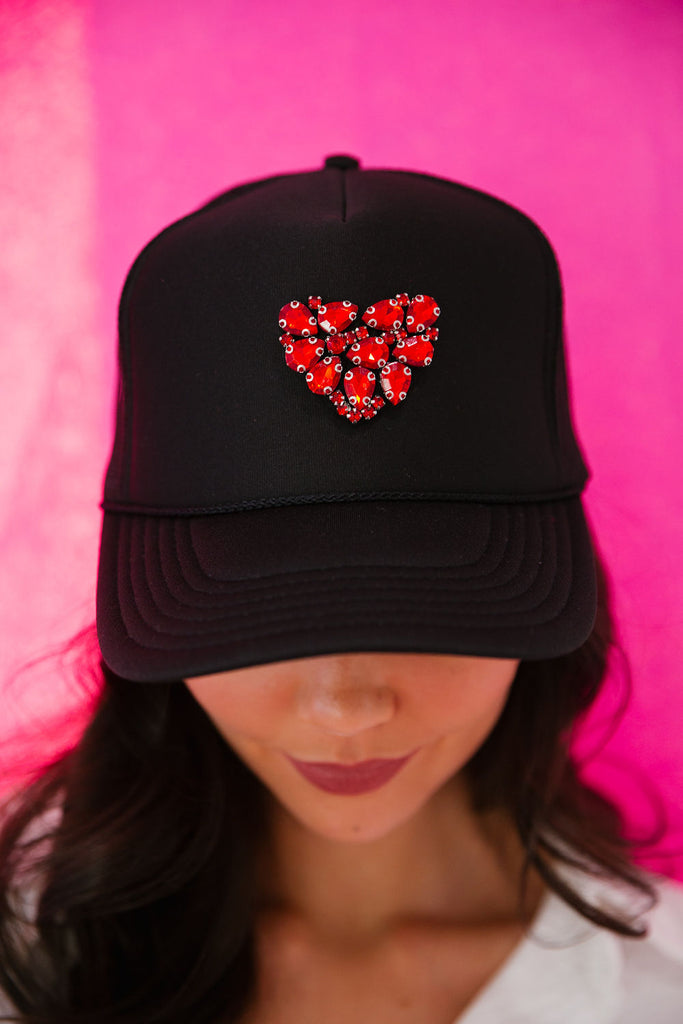 BEJEWELED HEART BLACK TRUCKER HAT jlh Judith March   