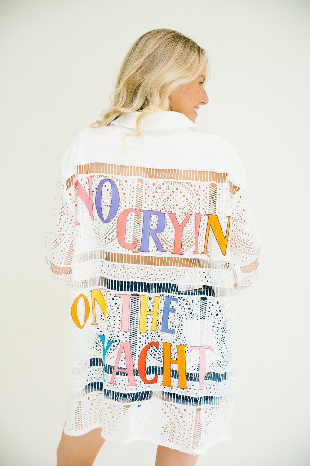 *NO CRYING ON THE YACHT EYELET BUTTON DOWN PULLOVER Judith March