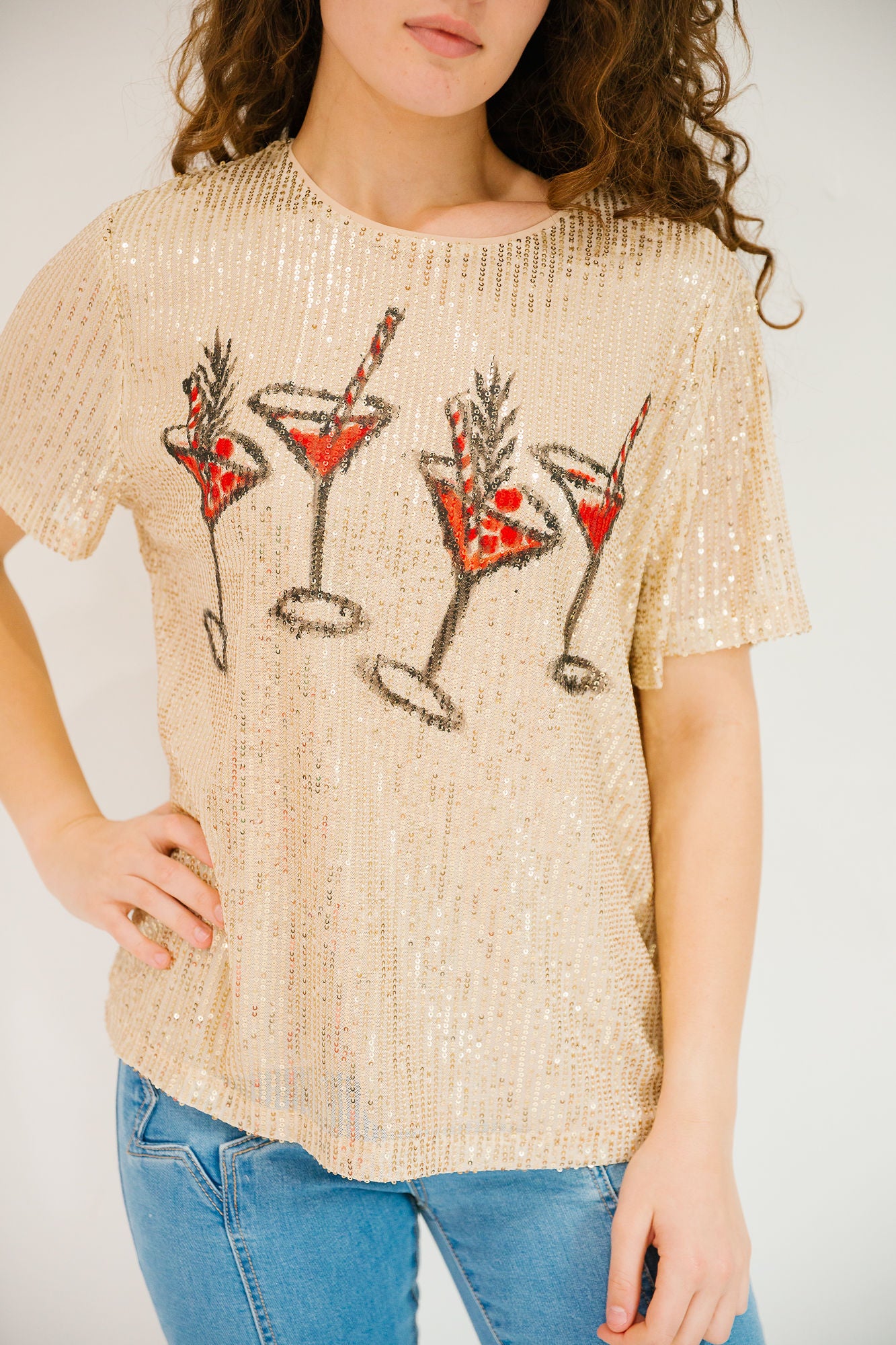 *CHRISTMAS COSMO GOLD SEQUIN TOP - LARGE PULLOVER Judith March