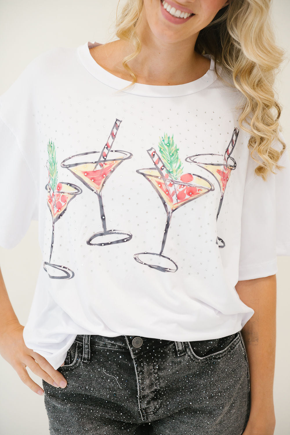*WHITE CHRISTMAS COSMO BEDAZZLED TEE - LARGE TEE Judith March