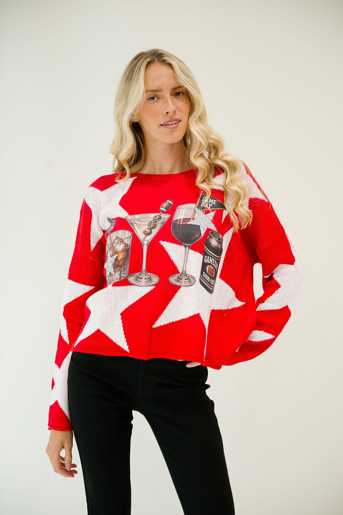 COCKTAILS & KICKOFFS RED STAR SWEATER