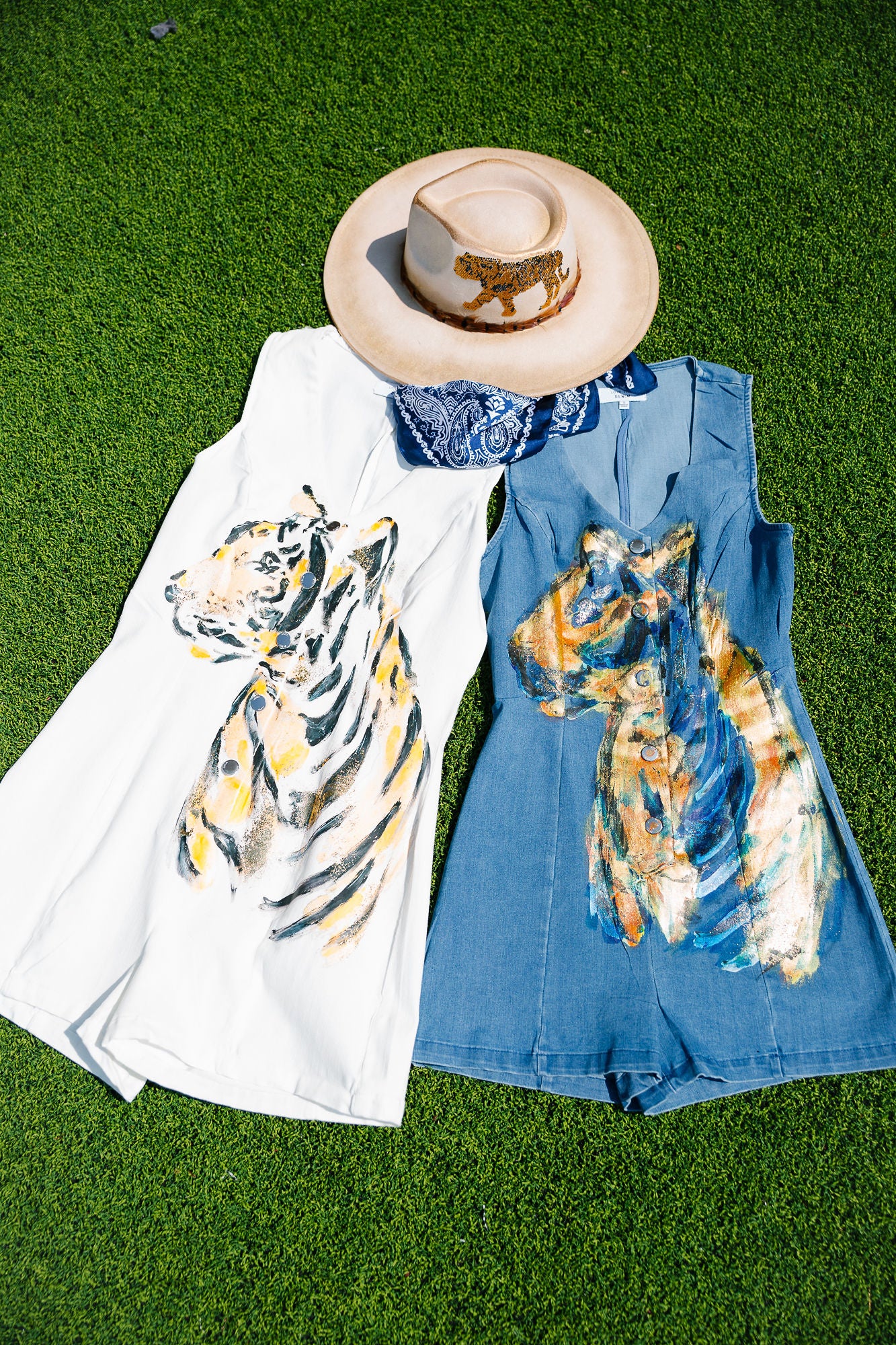 TOUCHDOWN TIGER HAND PAINTED DENIM ROMPER ROMPER Judith March