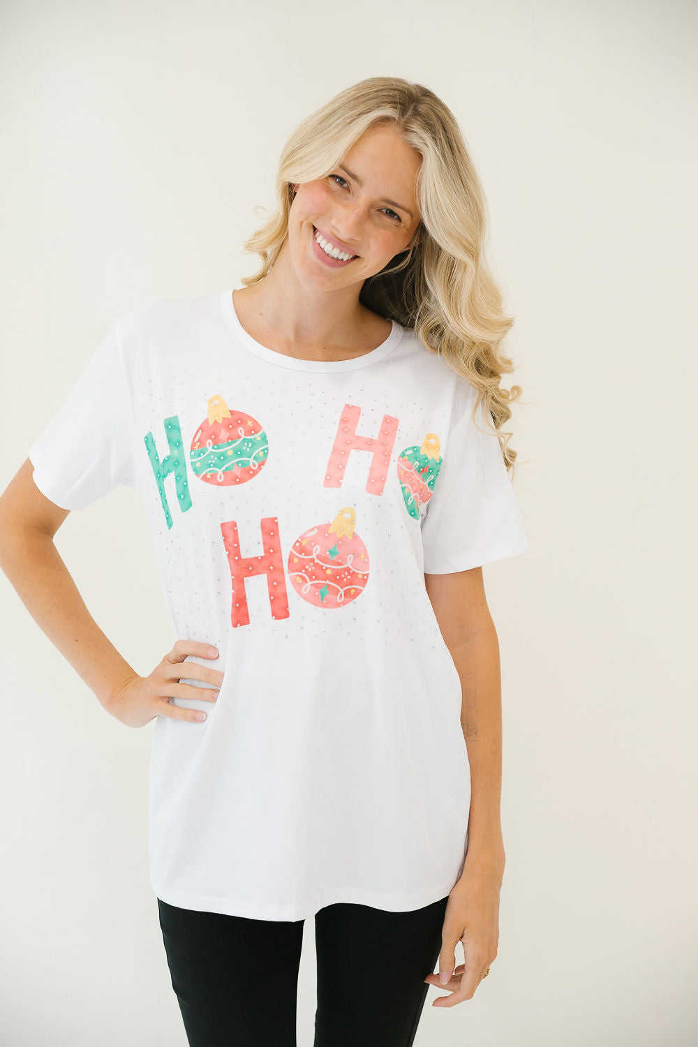 *WHITE HO HO HO BEDAZZLED TEE - SMALL TEE Judith March