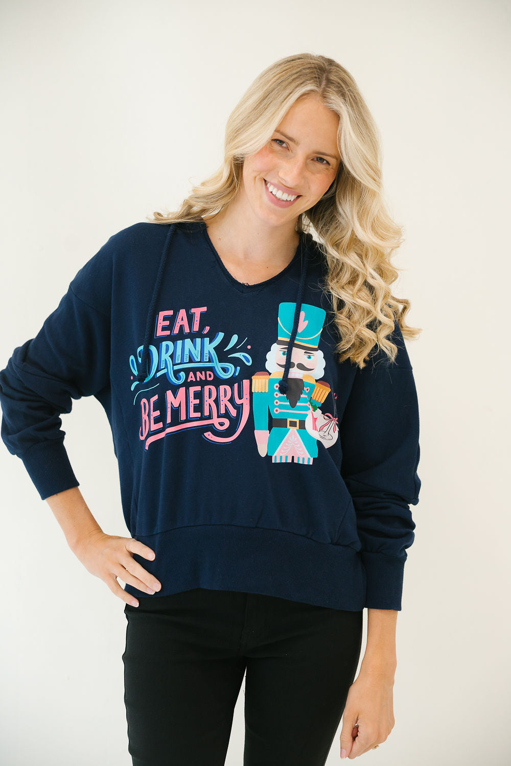 *NAVY EAT, DRINK, AND BE MERRY HOODIE - LARGE PULLOVER Judith March