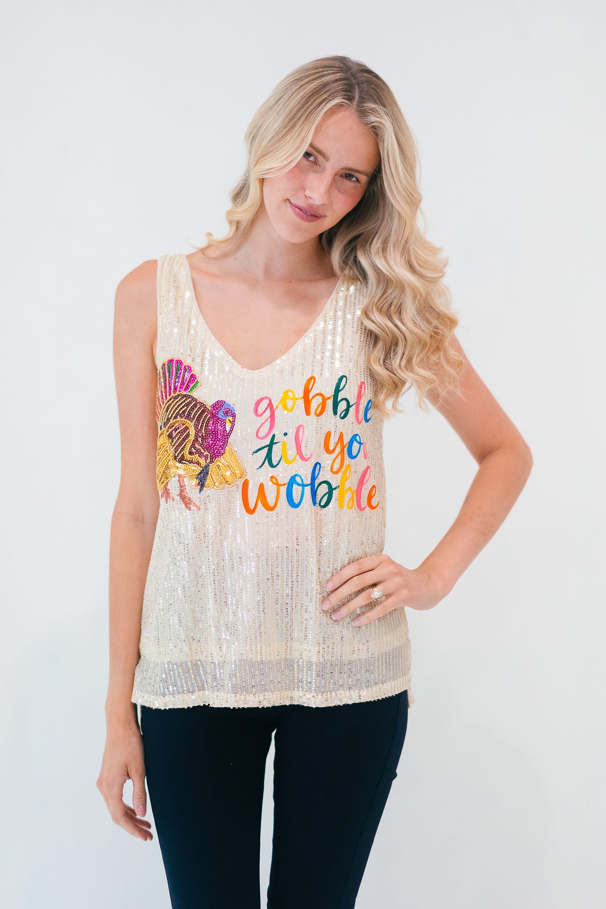 GOBBLE TIL YOU WOBBLE SEQUIN TANK TANK Judith March