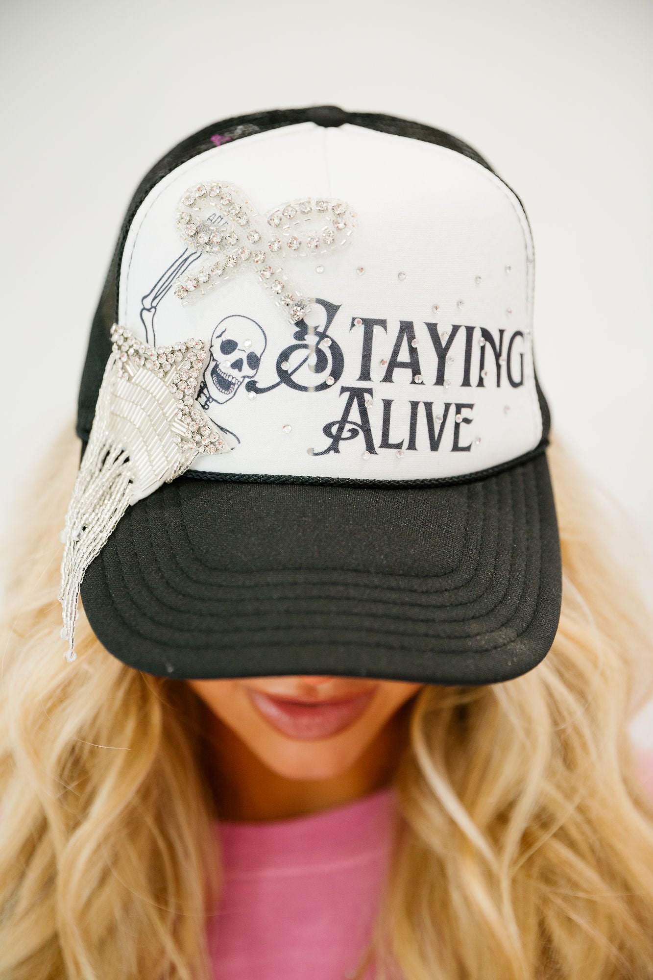 STAYING ALIVE BLACK TRUCKER HAT TRUCKER HAT Judith March