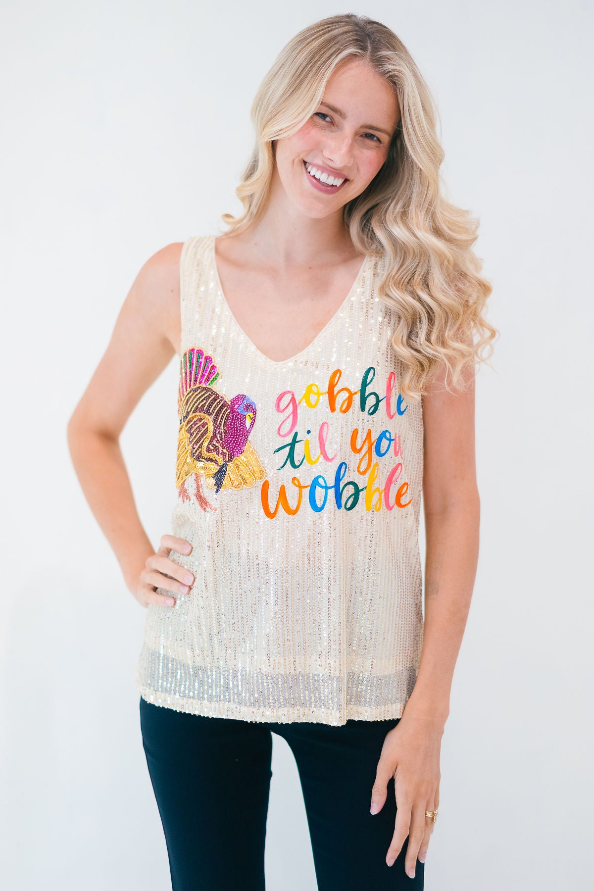 GOBBLE TIL YOU WOBBLE SEQUIN TANK TANK Judith March