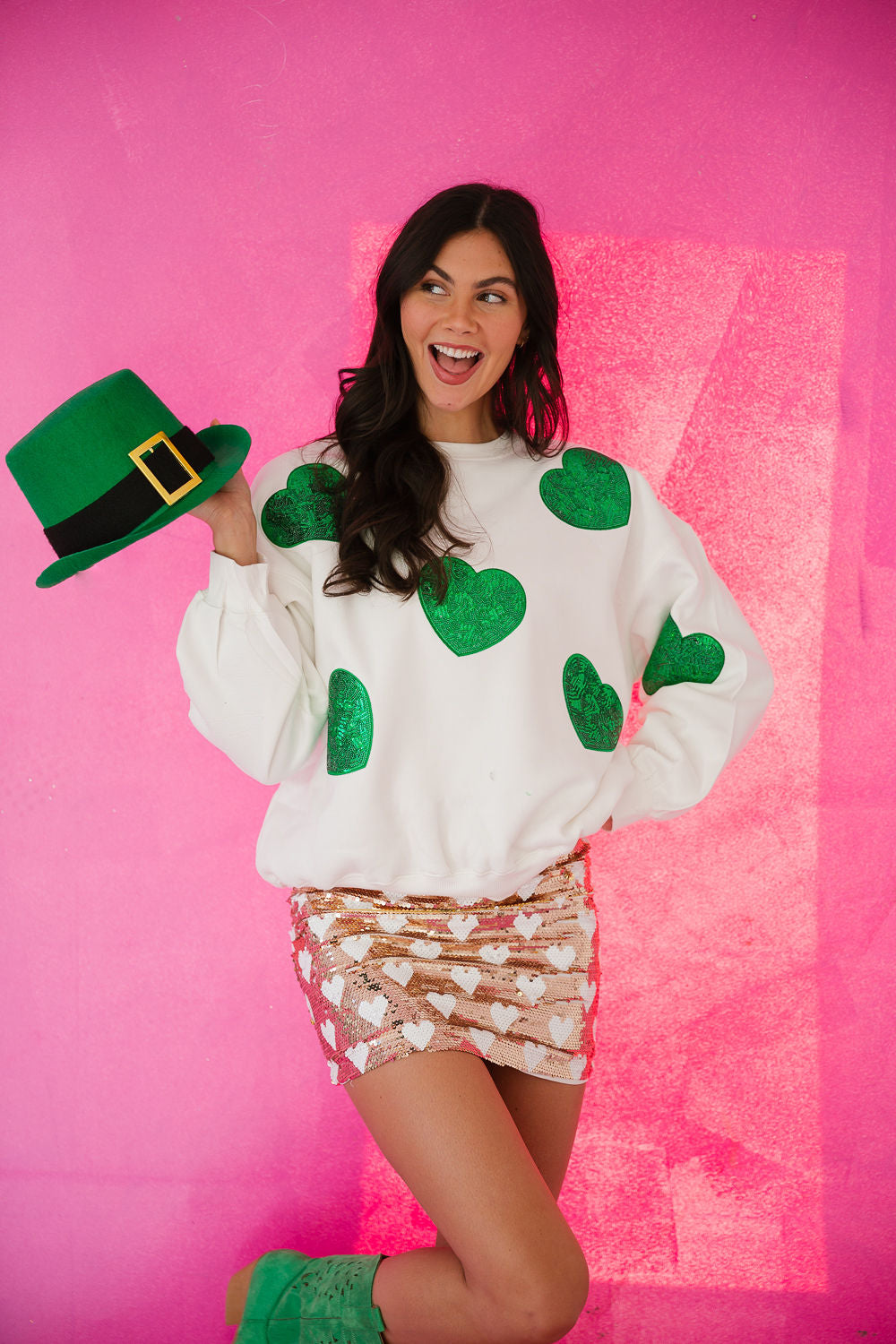 GREEN HEARTS WHITE PULLOVER PULLOVER Judith March