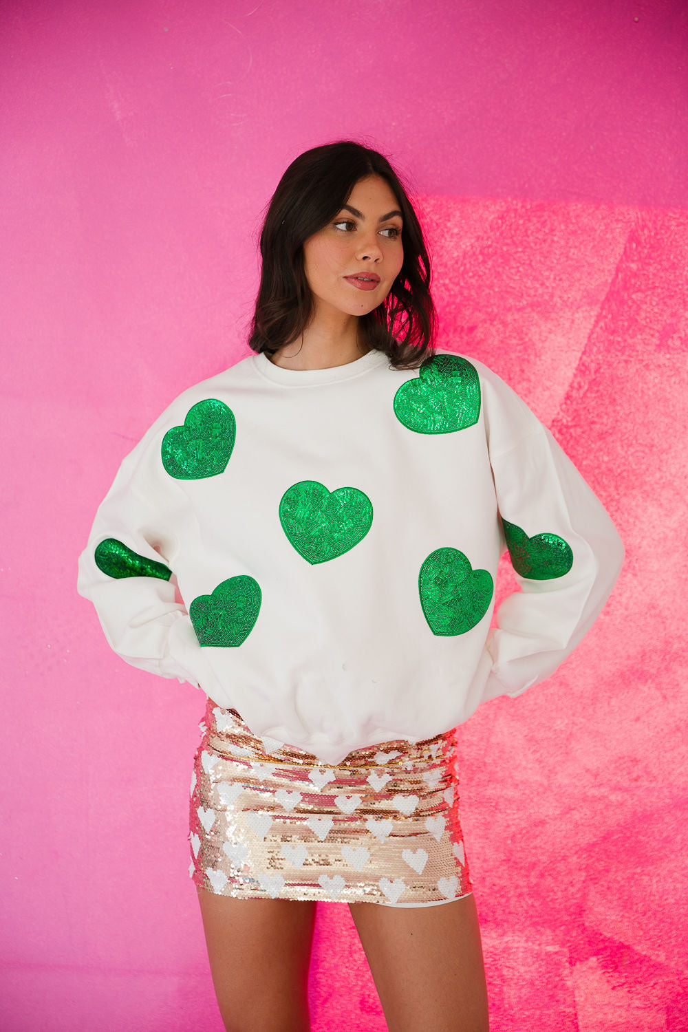 GREEN HEARTS WHITE PULLOVER PULLOVER Judith March