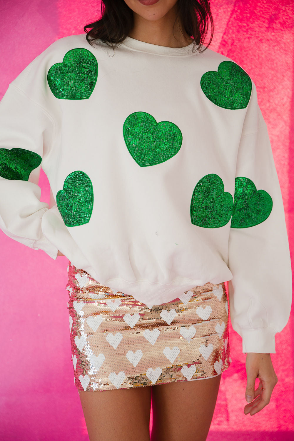 GREEN HEARTS WHITE PULLOVER PULLOVER Judith March