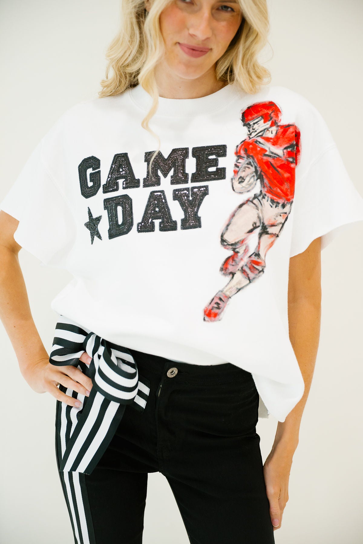 GAMEDAY HAND PAINTED BLACK SPARKLE WHITE PULLOVER