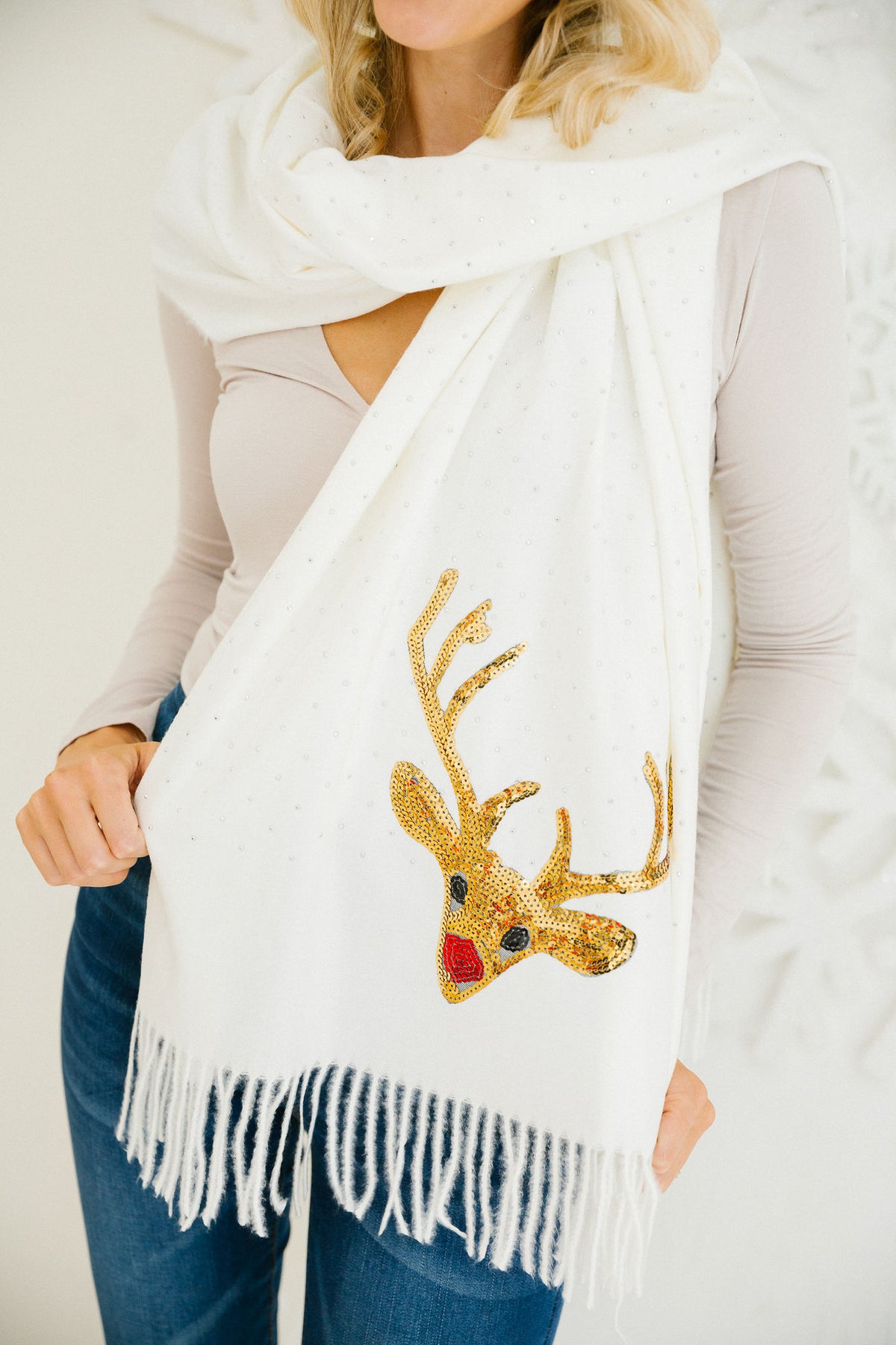 RED NOSE REINDEER WHITE SCARF SCARF Judith March