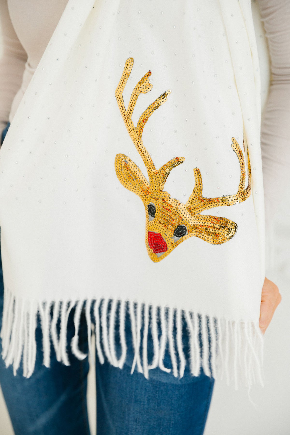 RED NOSE REINDEER WHITE SCARF SCARF Judith March