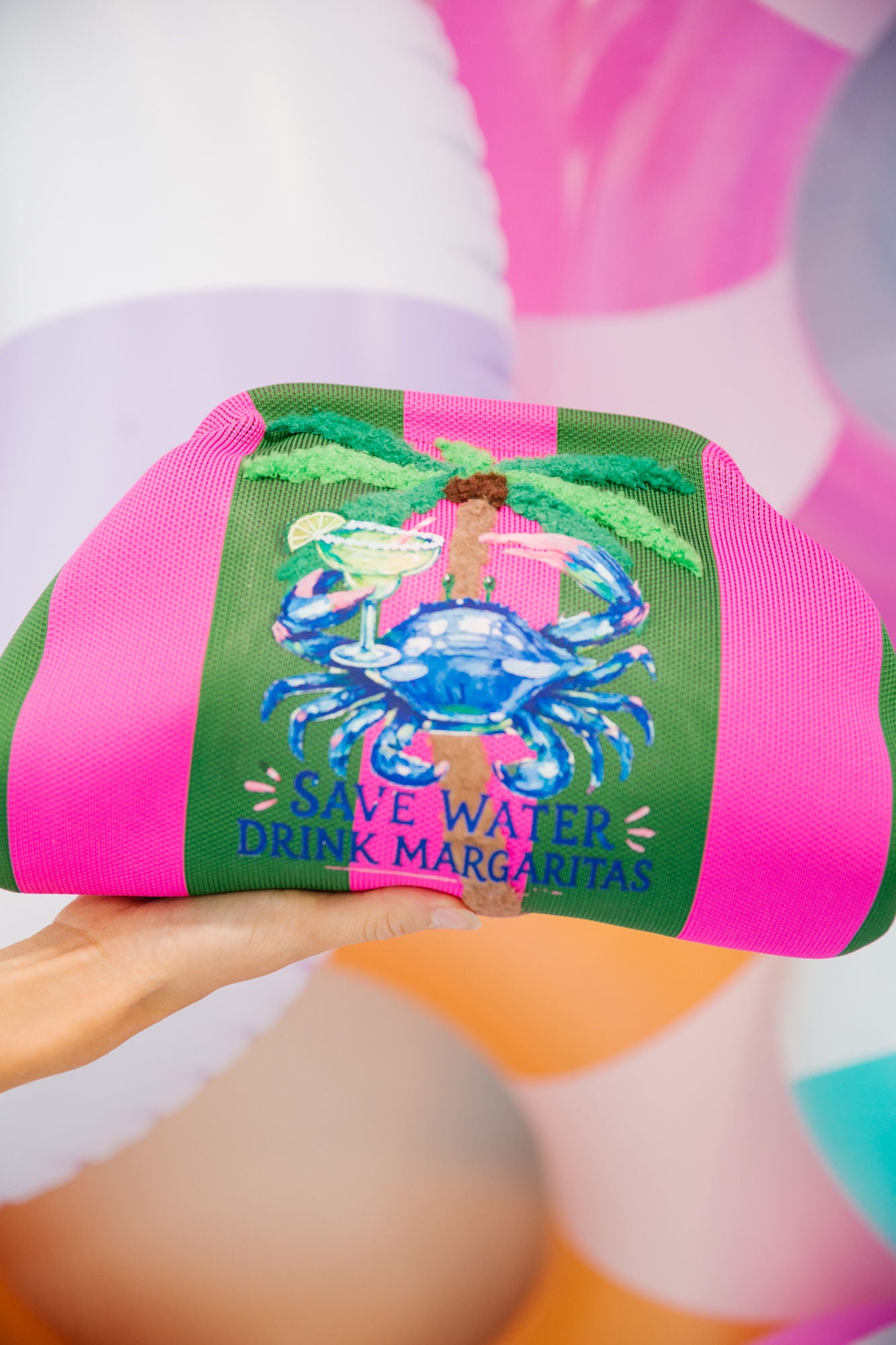 SAVE WATER DRINK MARGS STRIPED CLUTCH
