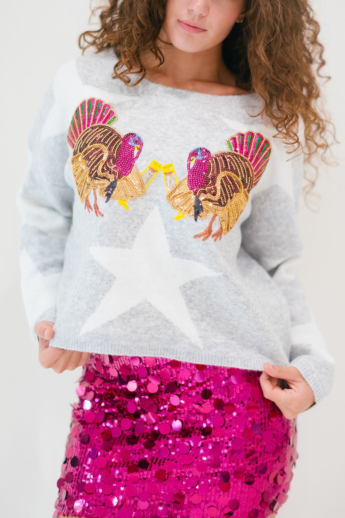 TURKEY CHEERS GREY STAR SWEATER SWEATER Judith March