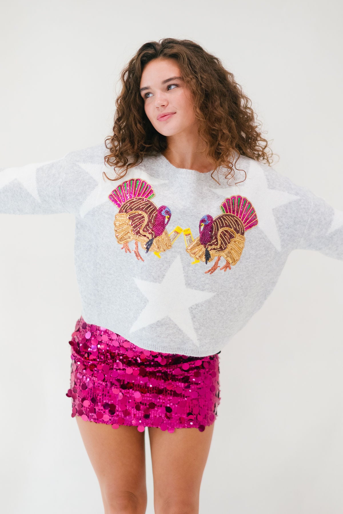 TURKEY CHEERS GREY STAR SWEATER SWEATER Judith March