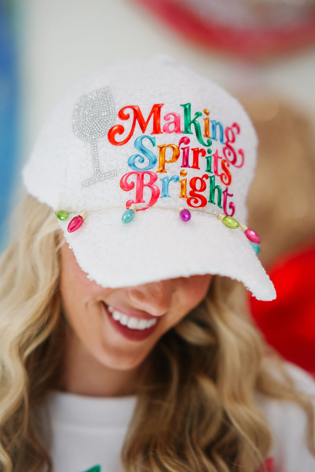MAKING SPIRITS BRIGHT WHITE FUZZY HAT TRUCKER HAT Judith March