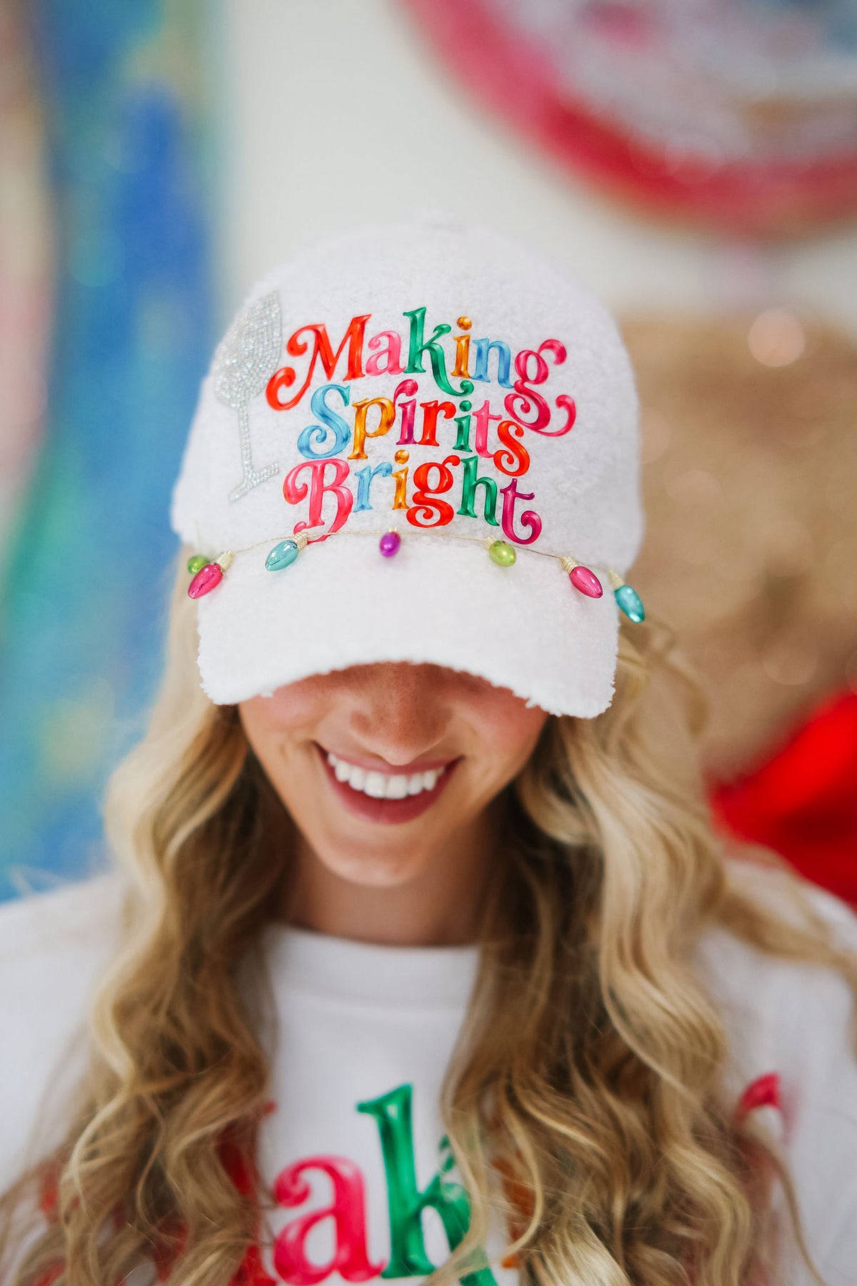 MAKING SPIRITS BRIGHT WHITE FUZZY HAT TRUCKER HAT Judith March
