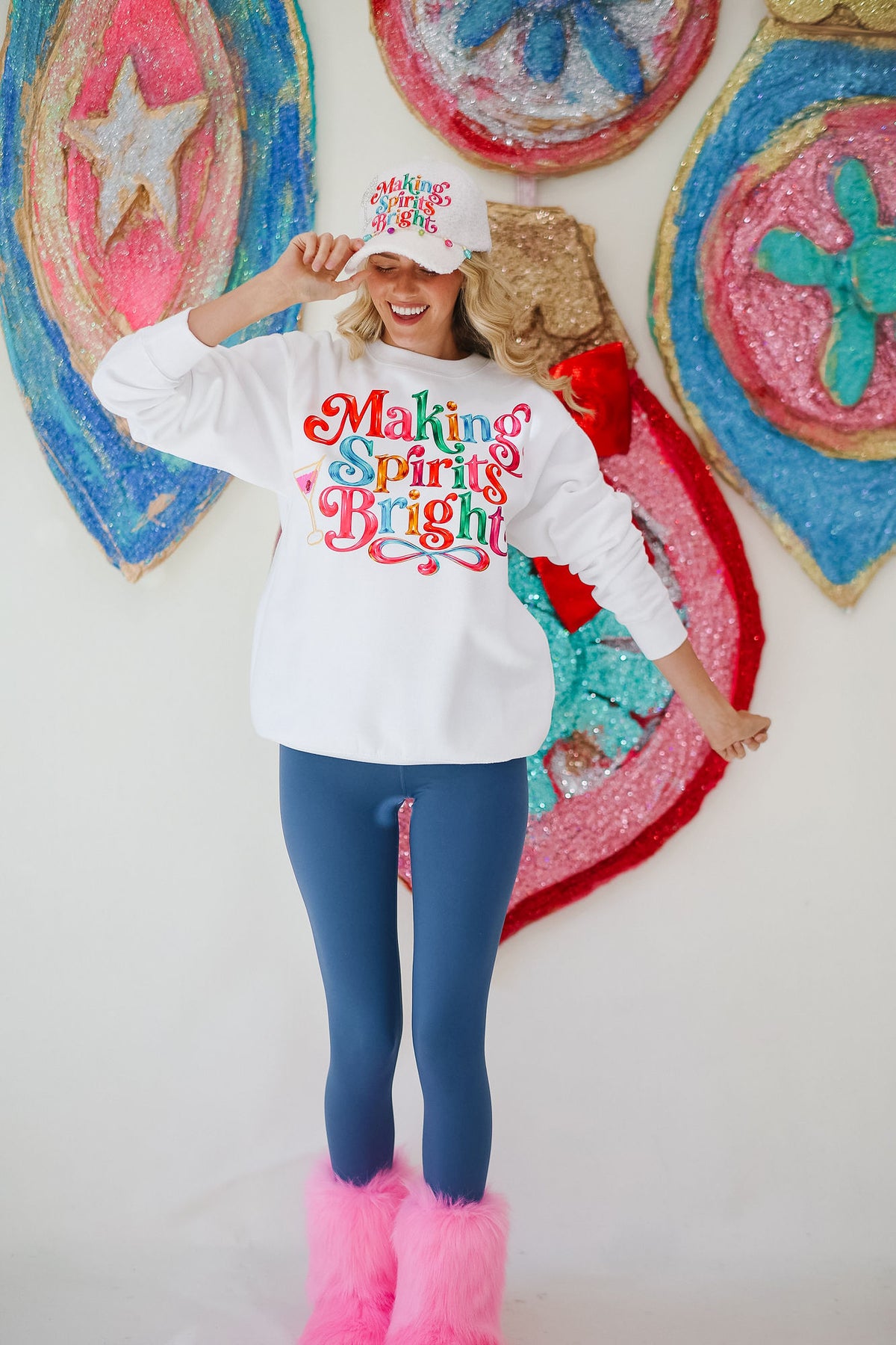 MAKING SPIRITS BRIGHT WHITE FUZZY HAT TRUCKER HAT Judith March