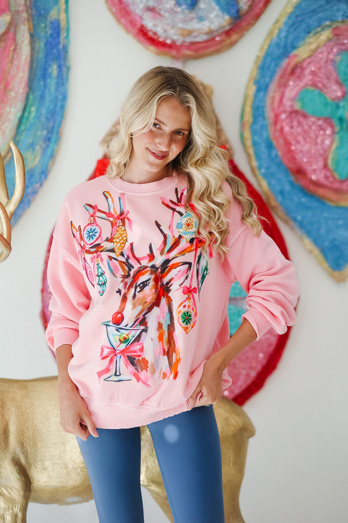 REINDEER & RIBBONS PINK PULLOVER PULLOVER Judith March