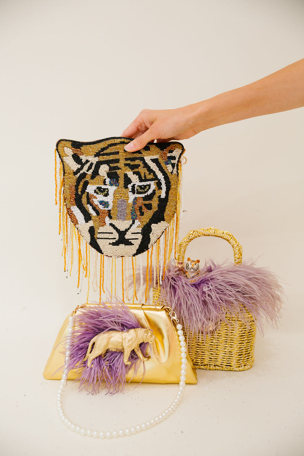 TIGER FEATHER BASKET HANDBAG Clutch Judith March