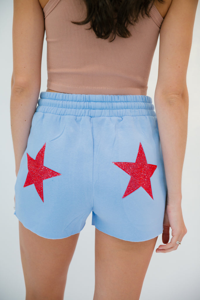 LIGHT BLUE LOUNGE SHORTS WITH RED STARS