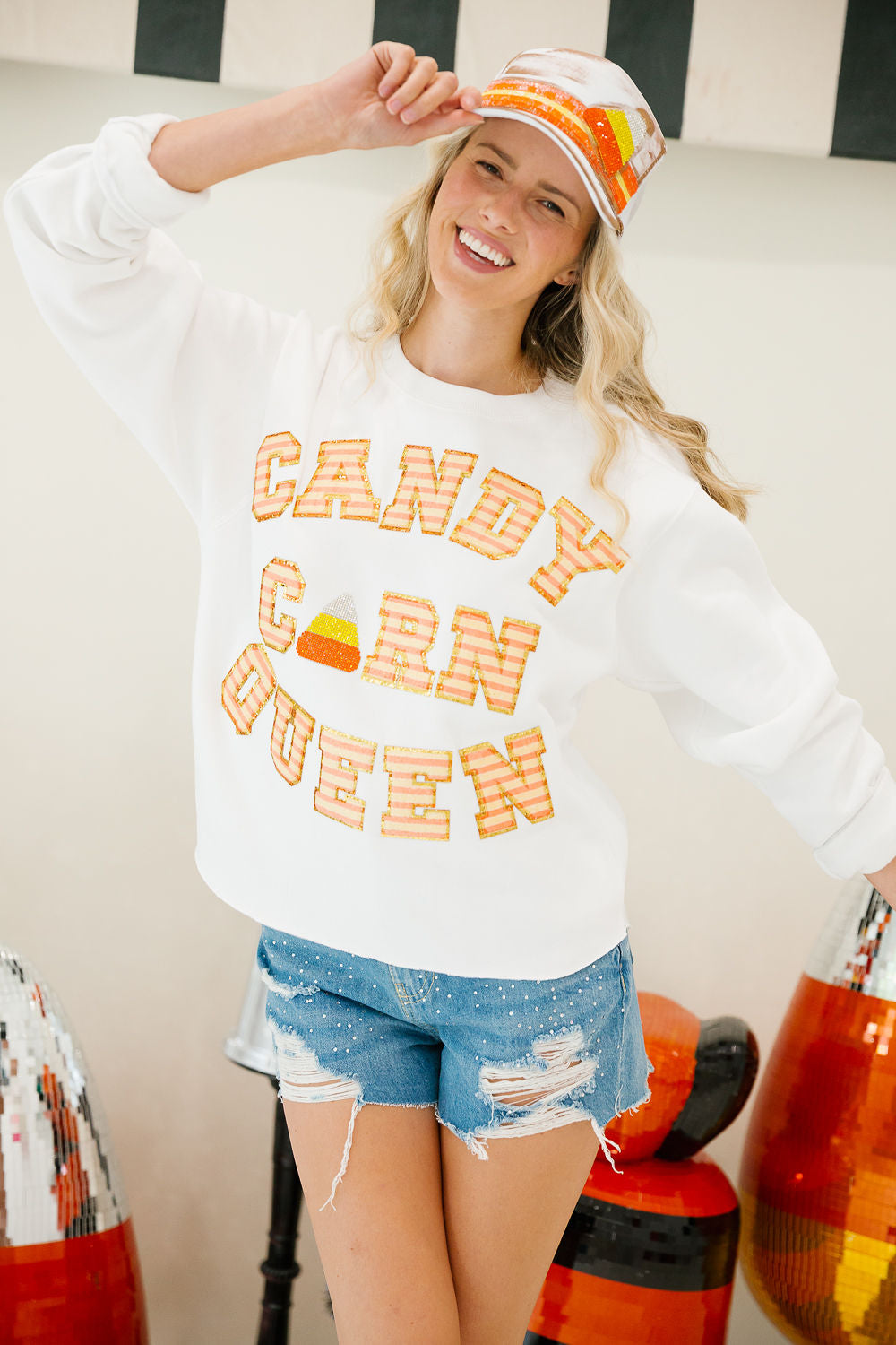 CANDY CORN QUEEN WHITE PULLOVER PULLOVER Judith March