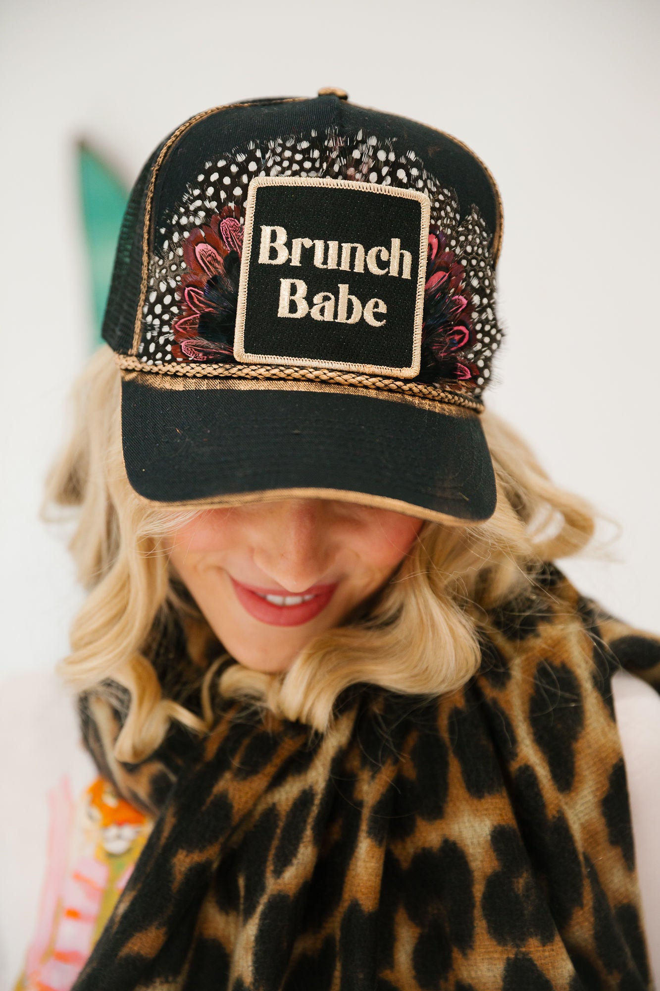BRUNCH BABE BLACK STRUCTURED HAT TRUCKER HAT Judith March