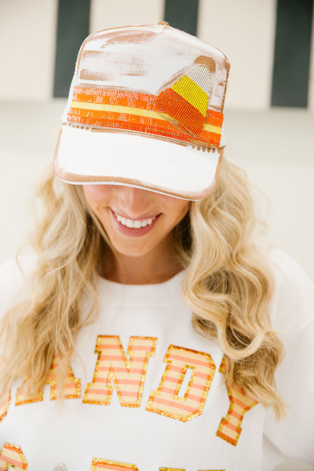 CANDY CORN WHITE TRUCKER HAT TRUCKER HAT Judith March
