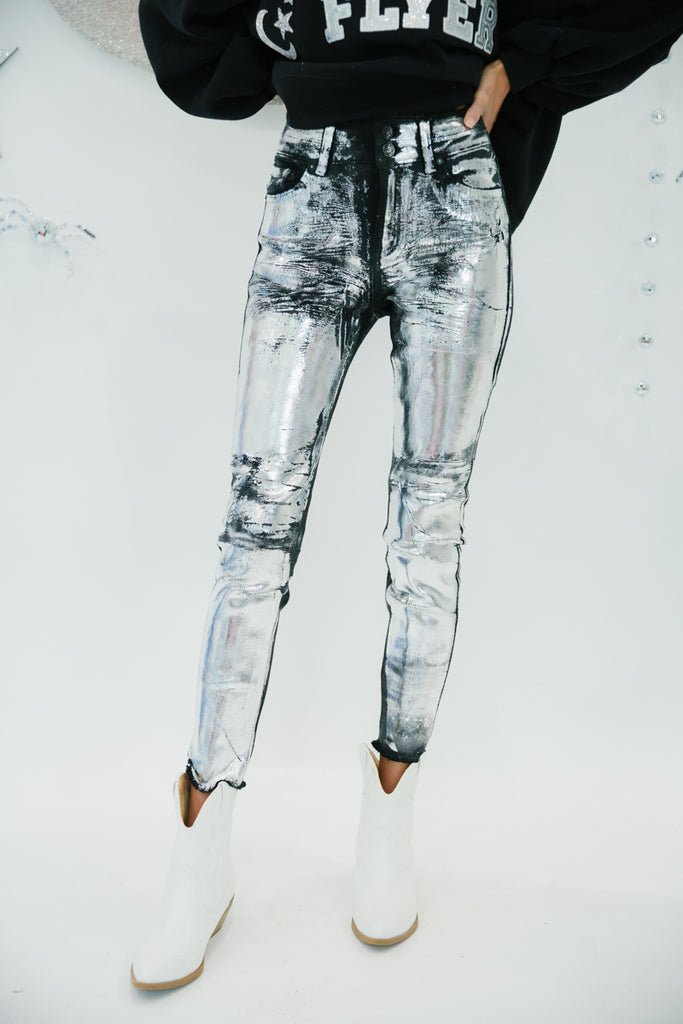 SILVER FOIL BLACK SKINNY JEANS gameday23 Judith March