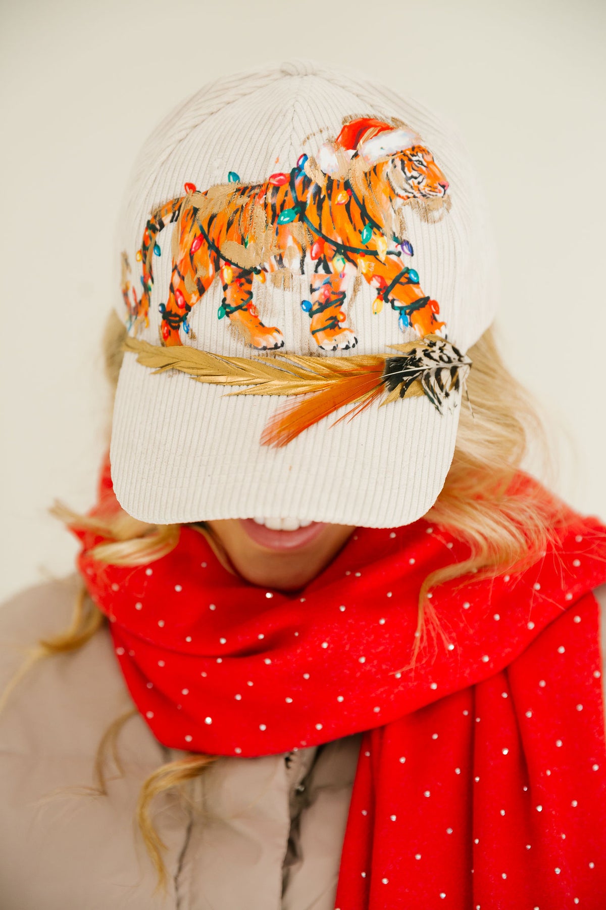 WILD ABOUT CHRISTMAS CREAM CORDUROY TRUCKER HAT TRUCKER HAT Judith March