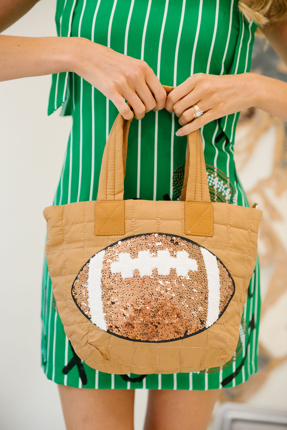SEQUIN FOOTBALL TAN TOTE